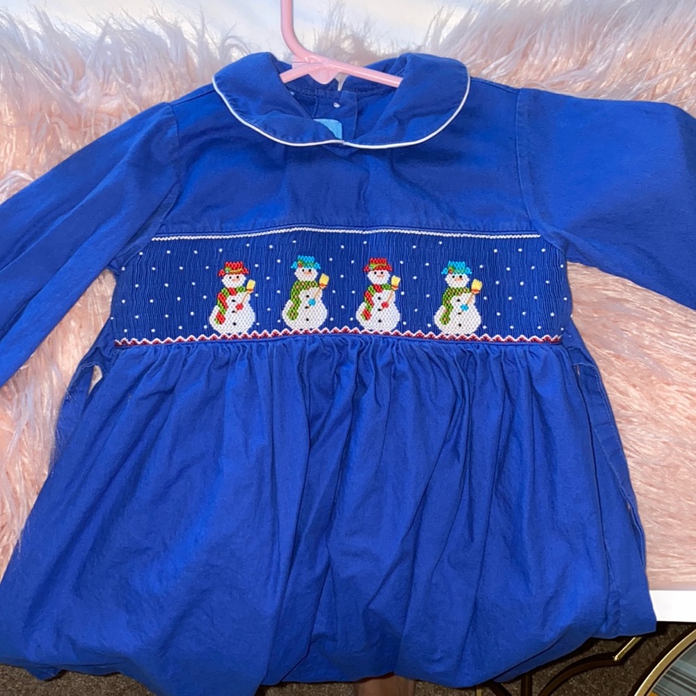 Long sleeve blue with snowmen smocked dress